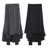 Falda de pantalones de cintura alta, cintura elástica, mallas gruesas, falda larga falsa de dos piezas con forro polar para mujer - details 18