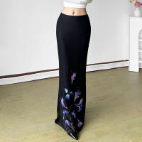 BUNO-Faldas góticas oscuras elegantes con estampado de moda para mujer, faldas acampanadas de malla de retales, falda larga a la cadera Y2K, pantalones de hadas, ropa de calle gótica - details 8