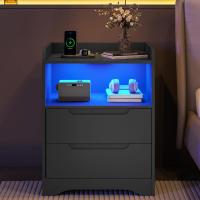 Mesitas de Noche con luces LED y Estación de Carga (2 Tomas AC, 2 Puertos USB) Mesita de Noche Blanca Mesas Auxiliares con 1 compartimento abierto y 2 cajones para Dormitorio Salón - details 10