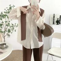 Camisa de mujer de dos piezas falsa estilo Maillard de otoño, chal tejido marrón, camisa con Raya Vertical en la espalda, blusa, camisa de mujer de estilo francés - details 8