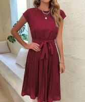 Vestido plisado elegante para mujer, manga corta con cinturilla, verde negruzco S, Verano - details 18