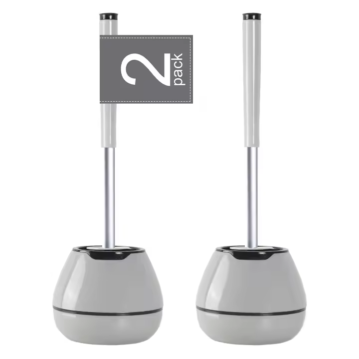 Juego de escobilla y soporte para inodoro, cepillo limpiador de inodoro de silicona, kit de cuenco para limpieza de baño con pinzas, accesorios de baño con mango de aluminio - Blanco - 1