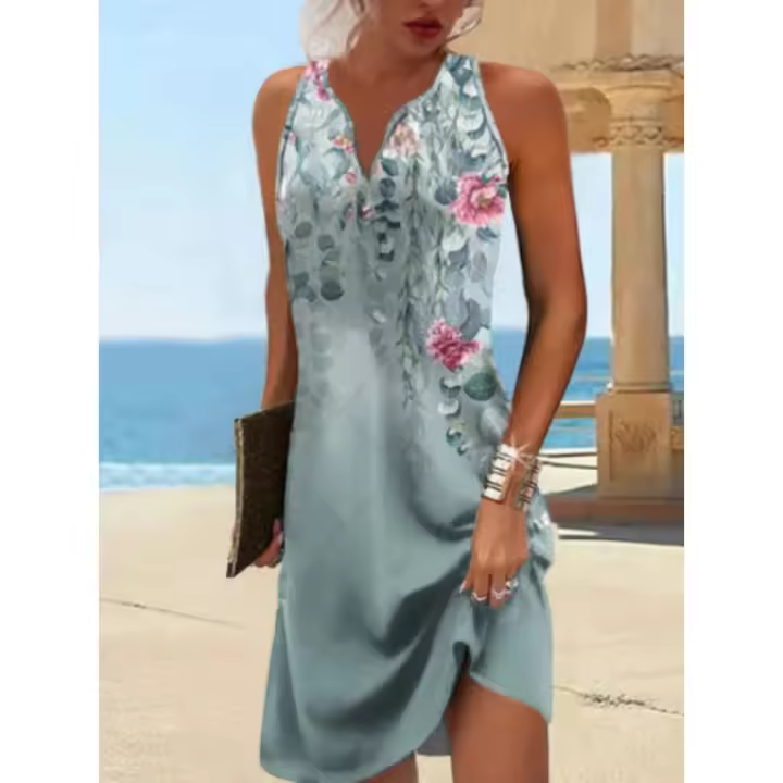 Vestido de verano con cuello en V para mujer, vestido informal estampado - 1