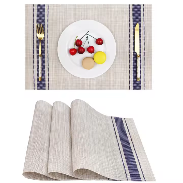 Manteles individuales a rayas para mesa de comedor, tapetes de PVC de vinilo tejido resistente al calor, lavables, 3 piezas - 1