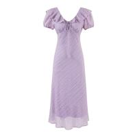 Vacaciones francesas con cuello en V, borde de volantes, vestido de manga corta con cintura y delgado, el vestido morado suave es versátil - details 1