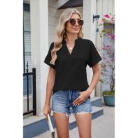 BUNO-2025 Blusas informales para mujer, camisas holgadas de manga corta con cuello de pico de Jacquard bordado a la moda, Tops elegantes de colores sólidos para verano - details 27