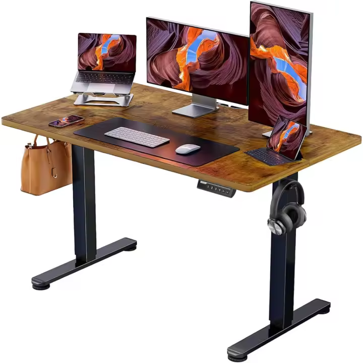 Escritorio Elevable Eléctrico Mesa Ajustable en Altura 120x60 cm Mesa de Oficina con Panel Inteligente de 4 Memorias Escritorio con Gancho para Mochila y Tablero Ensamblado Marrón Vintage - 1