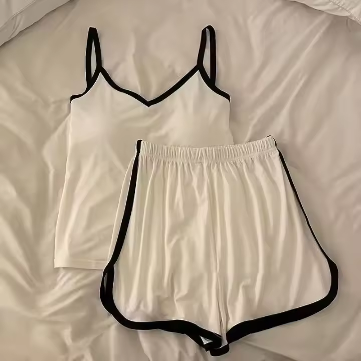 Pijama de seda helada de sensación fresca para mujer: conjunto de chaleco con tirantes de verano con almohadillas incorporadas en el pecho, ropa para el hogar de estilo fino - 1
