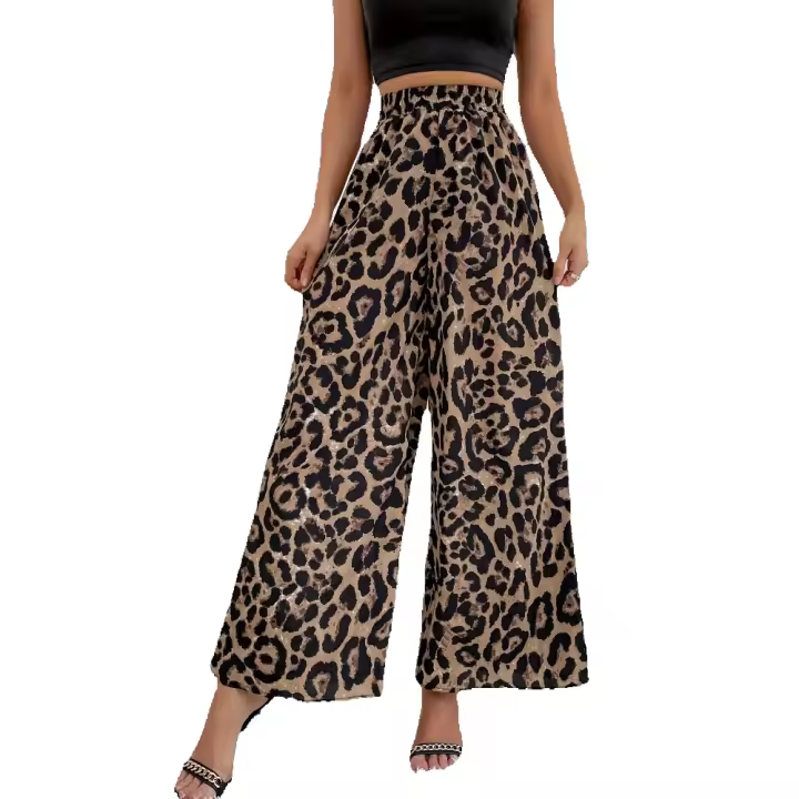 Moda clásico estampado leopardo elástico cintura caída sensación holgada y casual Pantalón de pierna ancha - 1