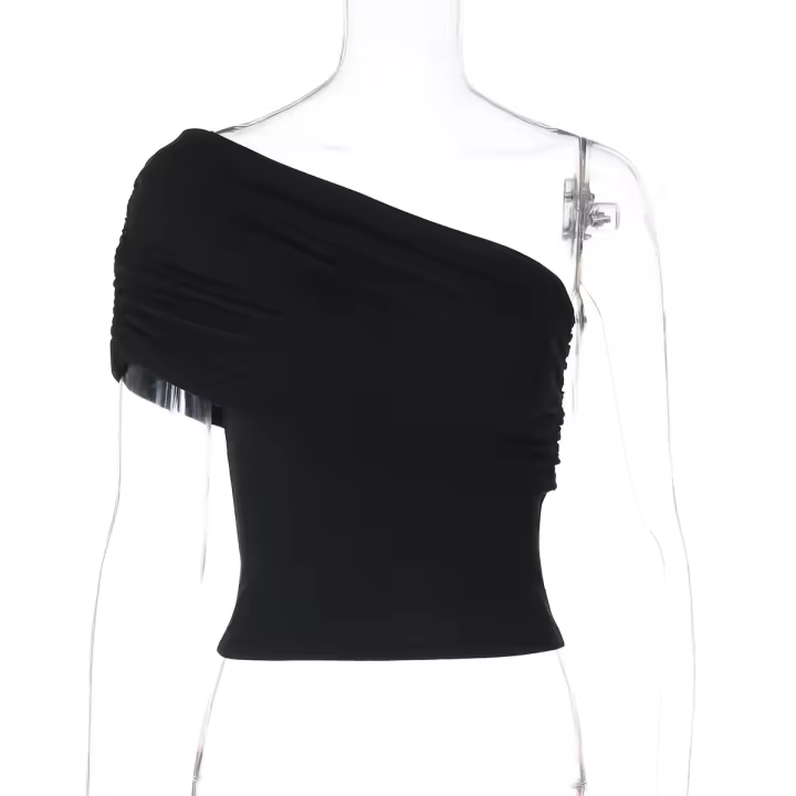 Primavera y verano nuevo color sólido irregular hombro inclinado camiseta ajustada de una sola manga top - 1