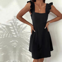 Vestido corto con cuello cuadrado y tirantes para mujer, traje de verano, Color liso, espalda descubierta - details 13
