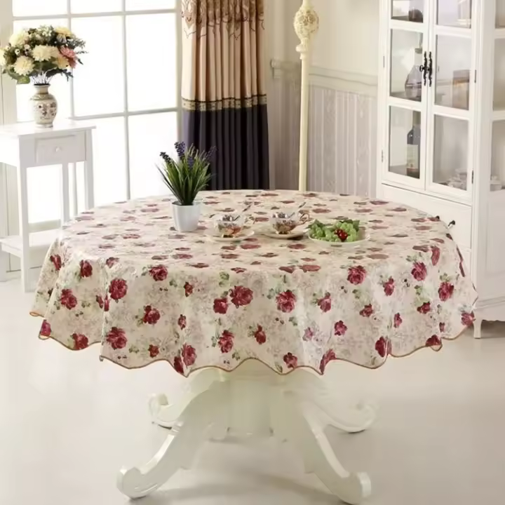 Mantel de Mesa Redondo de PVC Impermeable y Resistente al Aceite con Estampado Floral - 1