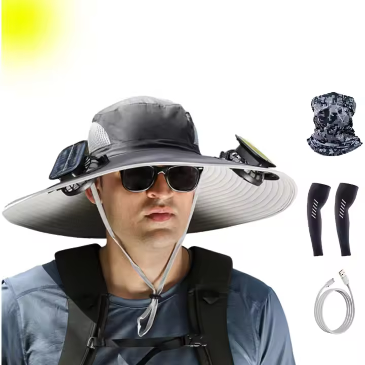 Sombrero de ala ancha con ventilador solar para pesca al aire libre, con carga solar y USB, UPF 50+ para pesca y camping. - 1