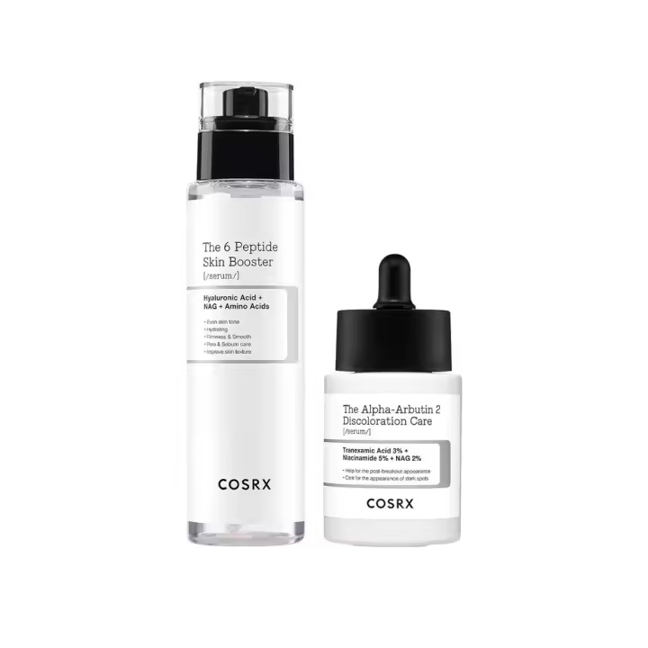 Tónico potenciador de colágeno con péptidos COSRX 6X + suero para el cuidado de la decoloración con alfa arbutina al 2% - 1