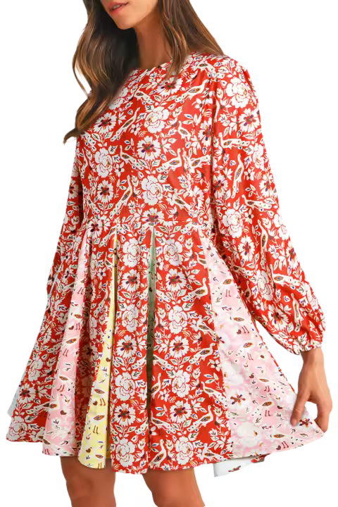 Elrachen Mini vestido plisado con retazos florales para mujer, rojo, tallas S-XL - 1