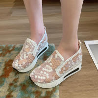 Cuña de malla con lentejuelas para mujer, zapatillas de deporte transpirables con plataforma de oro blanco, zapatos casuales que aumentan la altura - details 11