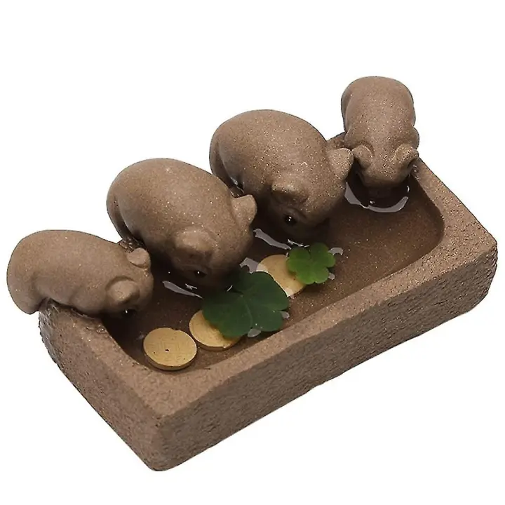 Four Piggy Drinking Tea Pets Purple Sand Ceramic Tea Play Sculptures Desk Ornament - 1