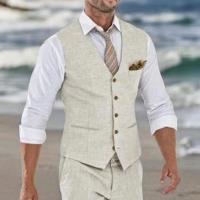 Chaleco de traje de lino beige para hombre, chaleco de una pieza para boda, verano, playa, cuello en V, costo de moda masculina. - details 1