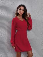 Vestido de Punto para Mujer Cuello en V, Ajuste Suelto, Color Sólido, Moda de Primavera-Otoño 2025 - details 11