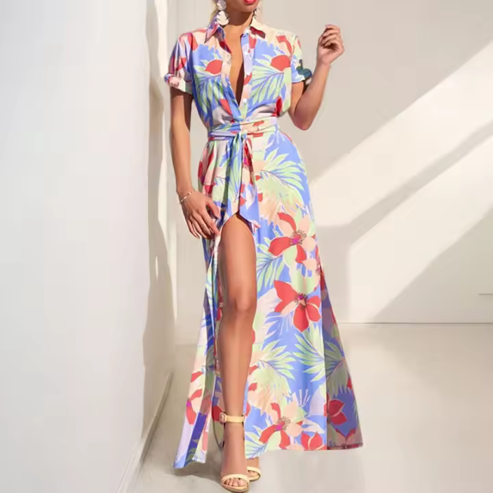 Primavera ropa de mujer europea y americana nuevo temperamento moda impresión solapa vestido con cordones mujeres - 1