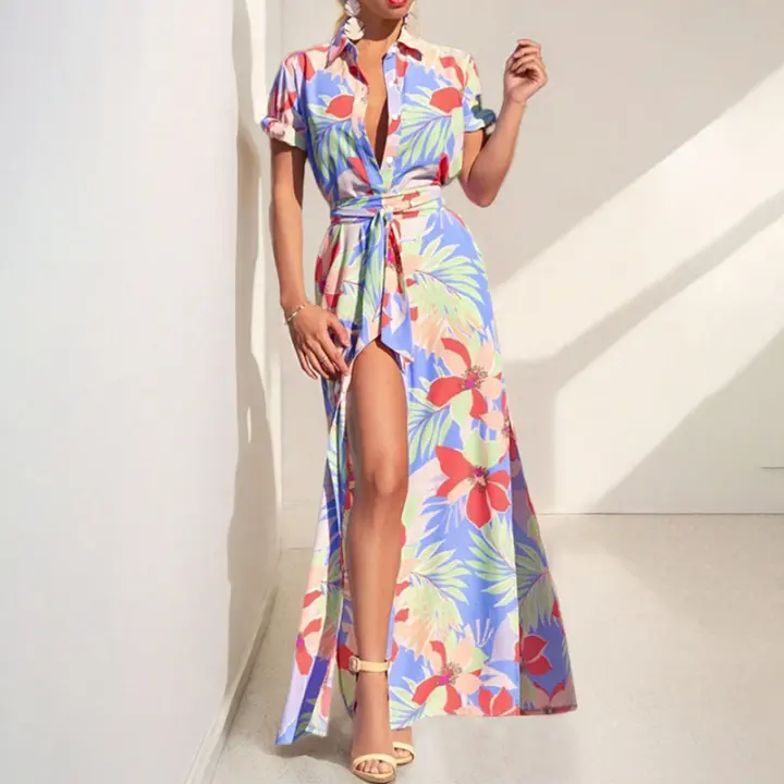Primavera ropa de mujer europea y americana nuevo temperamento moda impresión solapa vestido con cordones mujeres - 1