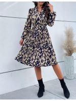 Elegante Vestido de Manga Larga con Estampado de Leopardo Cuello en V, Cintura Ajustada con Lazo, Falda Plisada 100% Poliéster - details 9
