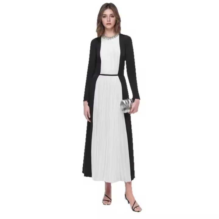 Elegante Vestido Plisado con Cuello Redondo Diseño de Contraste de Negro y Blanco - 1