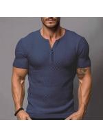 Camiseta deportiva ajustada de manga corta para hombre, estilo fitness waffle, color sólido americano. - details 1