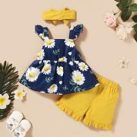 Conjunto de tesoro femenino, nuevo top estampado sin mangas para niños de verano + conjunto de diadema con pantalón corto de encaje de color sólido - details 16