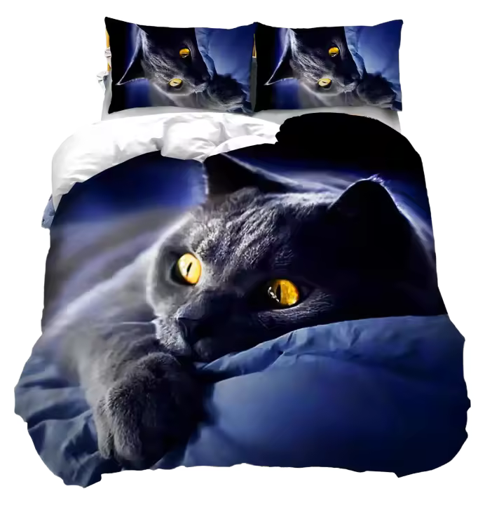 Conjunto de Cama para Gatos 3D Diseño de Gato Colorido Funda de Edredón Negro Material de Poliéster - 1