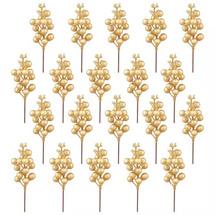 Tallos de bayas artificiales para árbol de Navidad, palillos de 7,5 pulgadas, dorados, 20 unidades - 1