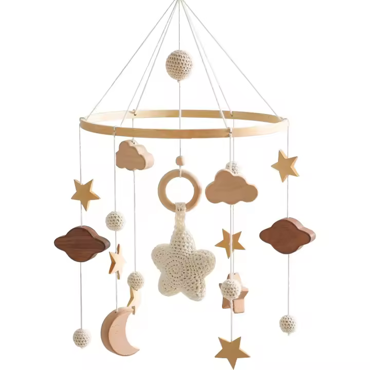 Móvil de cuna para bebés para niños y niñas estilo boho nueral género neutral crocheted por mano con estrellas nubes y luna decoración para techo - 1