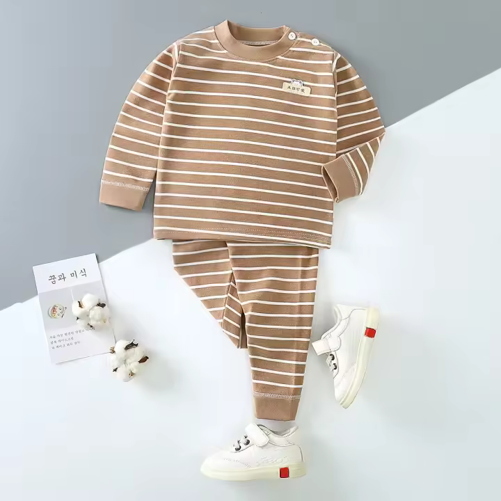 Pijamas a rayas para niños, ropa de dormir de algodón con mangas, conjunto de pantalones largos, otoño e invierno - 1