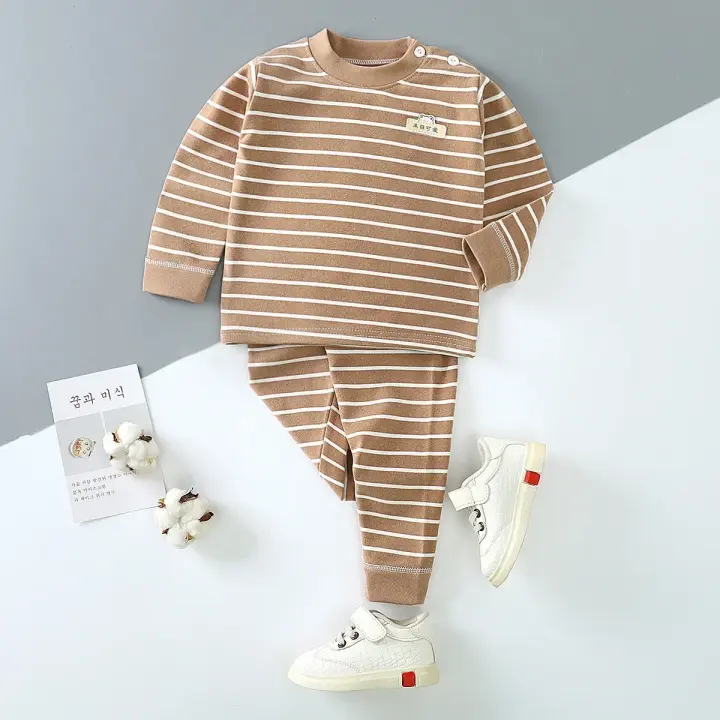 Pijamas a rayas para niños, ropa de dormir de algodón con mangas, conjunto de pantalones largos, otoño e invierno - 1
