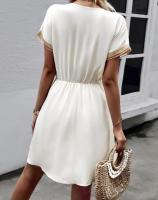 Vestido midi de manga corta con estampado floral para mujer, elegante vestido informal de verano con cuello de pico - details 5
