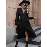 Vestido Elegante de Color Sólido para Mujer Primavera Otoño 2025 Cuello en V Manga Larga con Abertura Promoción - details 11