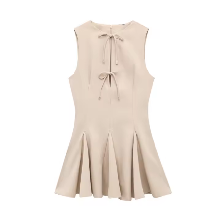 Elegante Vestido de Fiesta de Noche de Primavera BUNO Hembra Ancha Ondulada, Lazo, Color Sólido, Sin Mangas, Cuello Redondo - 1