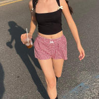 Pantalones cortos básicos cómodos e informales sueltos con botones de cintura elástica tejidos a rayas de verano para mujer - details 18