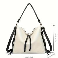 Bolso de Hombro Tipo Cubo con Borlas de Moda 2025 - Cuero Genuino Negro, Correa Ajustable para Hombro y Cruzado con Cierre de Cremallera, Detalle de Borlas Elegante, Perfecto para Uso Casual y Diario, Bolso de Hombro Informal |   Bolso de Moda con Borlas - details 1