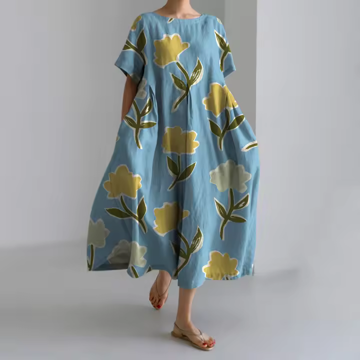 Novedad de verano, vestido elegante Vintage estampado de manga corta con cuello redondo, vestidos largos informales holgados con bolsillos y temperamento - 1