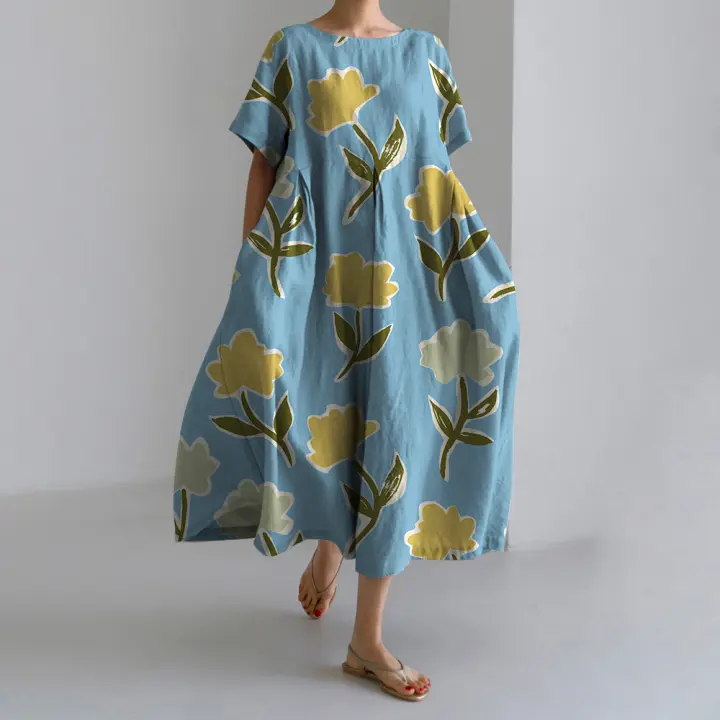 Novedad de verano, vestido elegante Vintage estampado de manga corta con cuello redondo, vestidos largos informales holgados con bolsillos y temperamento - 1