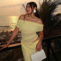 BUNO-vestidos largos con hombros descubiertos, vestido de cena negro con malla transparente, trajes de cumpleaños elegantes y sexys - details 11
