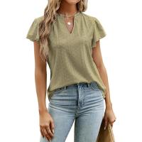 2025 primavera y verano europeo y americano nuevo jacquard con cuello en v mangas apiladas camiseta de manga corta top ropa de mujer - details 6