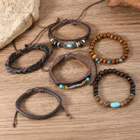 Conjunto de 6 pulseras boho madera cuentas vintage cabeza de toro ojos plumas multicapa artesanales regalos para hombre - details 7