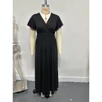 Vestido largo de verano 2024 de color sólido con cuello en V, manga acampanada, cintura elástica, adelgazante y con abertura. - details 3