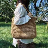 Bolsa de mano tejida de capacidad, estilo informal de vacaciones con correas de hombro fijas, cierre de cremallera, forro de poliéster, color sólido, ideal para viajes al aire libre, camping, compras diarias y almacenamiento - details 5