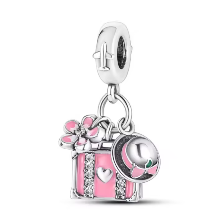 Pulsera de Plata Esterlina 925 con Encantos de Estilo Viajero Gorra de Paja, Flor - 1