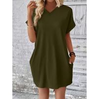 Verano primavera nuevo vestido de bolsillo de manga RT suelto redondo de Color sólido para mujer - details 14