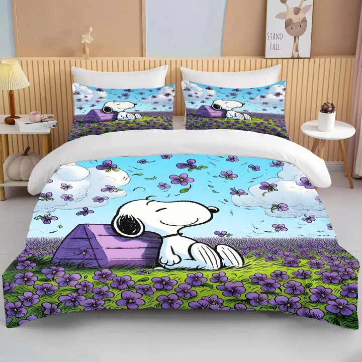 Juego de cama con estampado de Snoopy para niños y adultos, funda de edredón, funda de almohada, cómoda, de lujo - 1