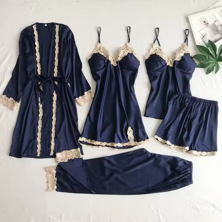 Conjunto de cinco piezas de lencería sexy para mujer, talla grande, con tirantes, ropa giratoria para el hogar, pijamas de albornoz - 1